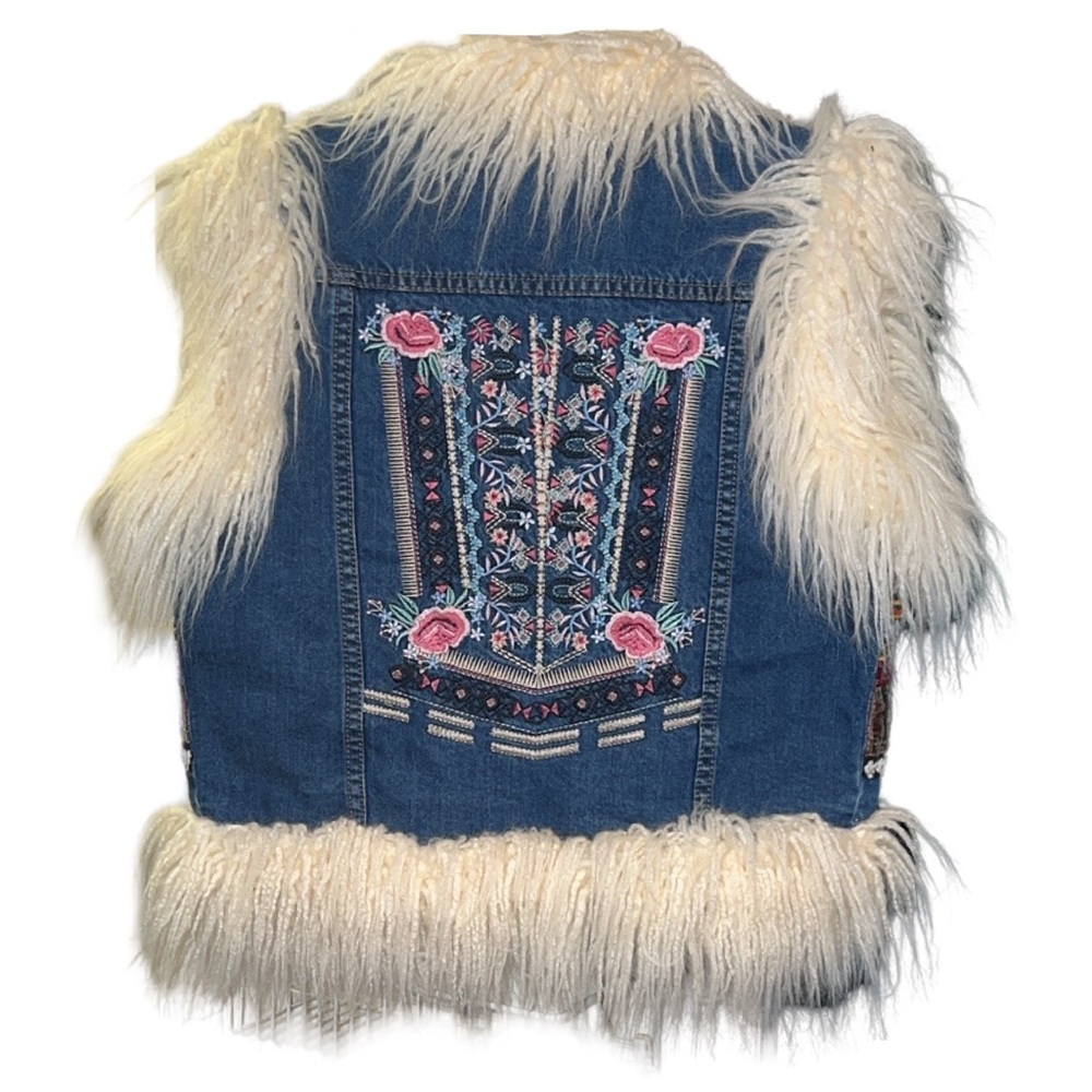 Desigual Blue Denim Vest with Cream Fur and Floral Embroidery